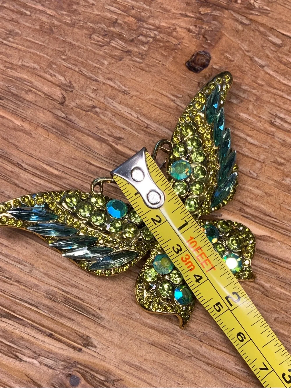 Green and Teal Crystal Butterfly Vintage Style Gold Tone Brooch